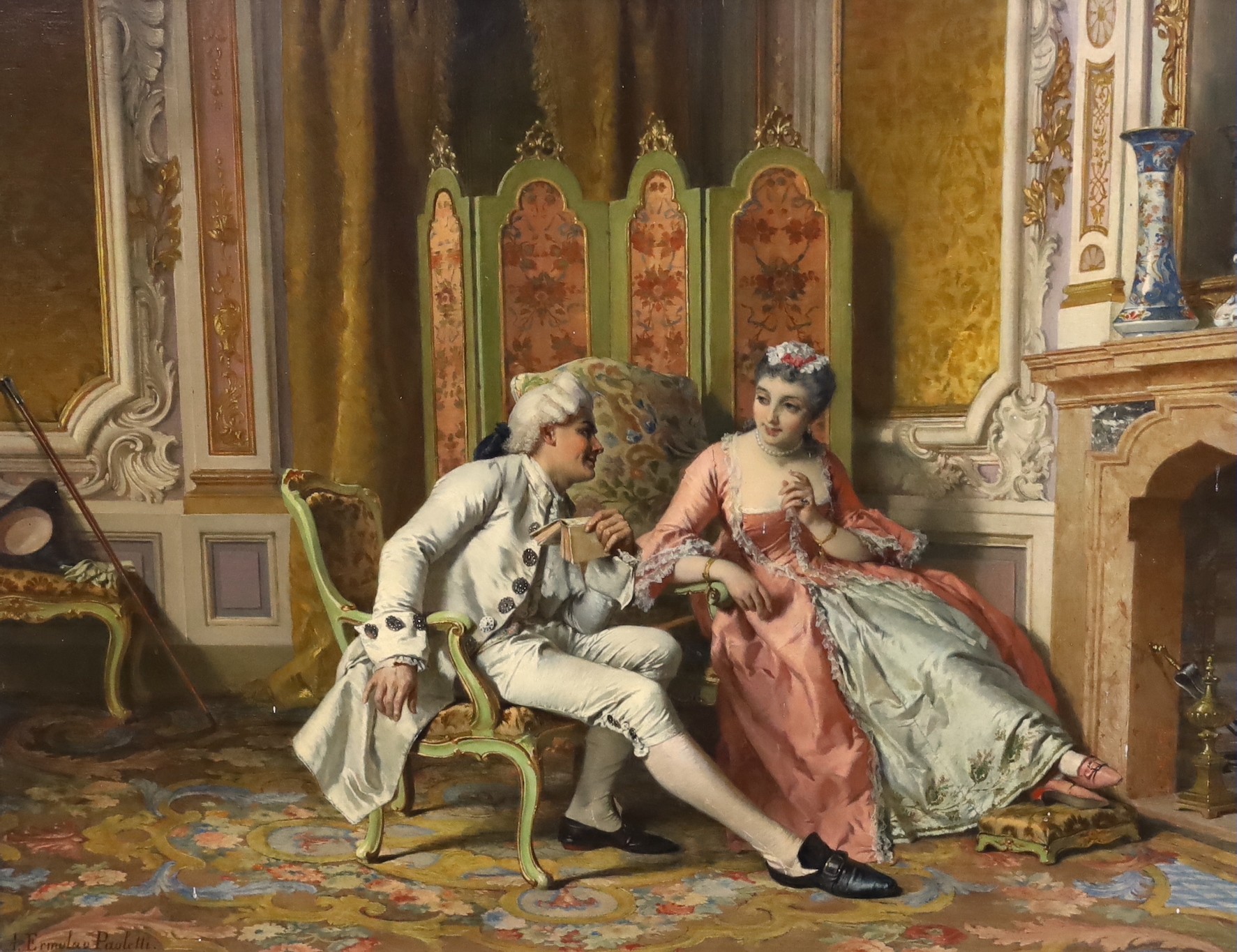 Antonio Ermolao Paoletti (Italian, 1834-1912), A romantic tryst in an elegant drawing room, oil on panel, 38 x 48cm